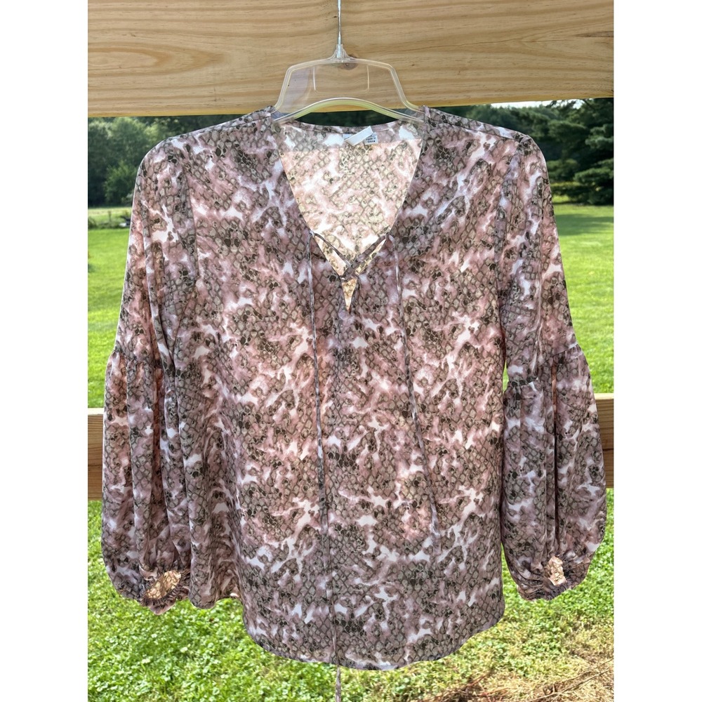 Versona Womens Mauve Snake Print Tie Neck Puff Sleeve Blouse Size M Sophisticate
